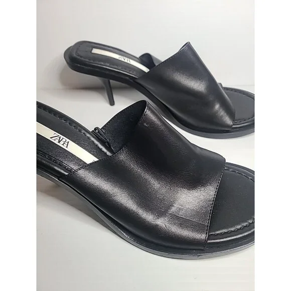 Zara Women's Black Leater Peep Toe Slip On Heel Sandals SZ 41/ US 10 - Picture 3 of 6